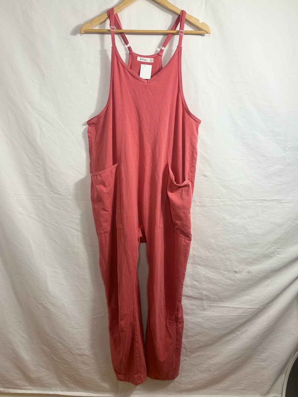 Soft Coral Pink Cotton-Blend Casual Drop Crotch Onesie with Pockets